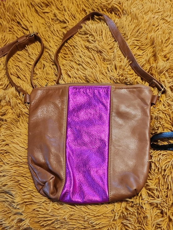 Handmade Handbags - Women's Brown Leather Crossbody Bag with Metallic Pink Accent